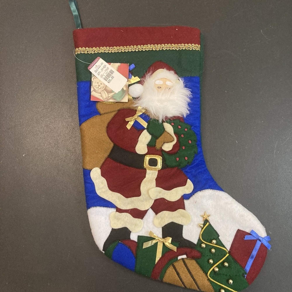 Kaufmanns Felt Santa Christmas Stocking Vintage NOS Traditional Applique Holiday
